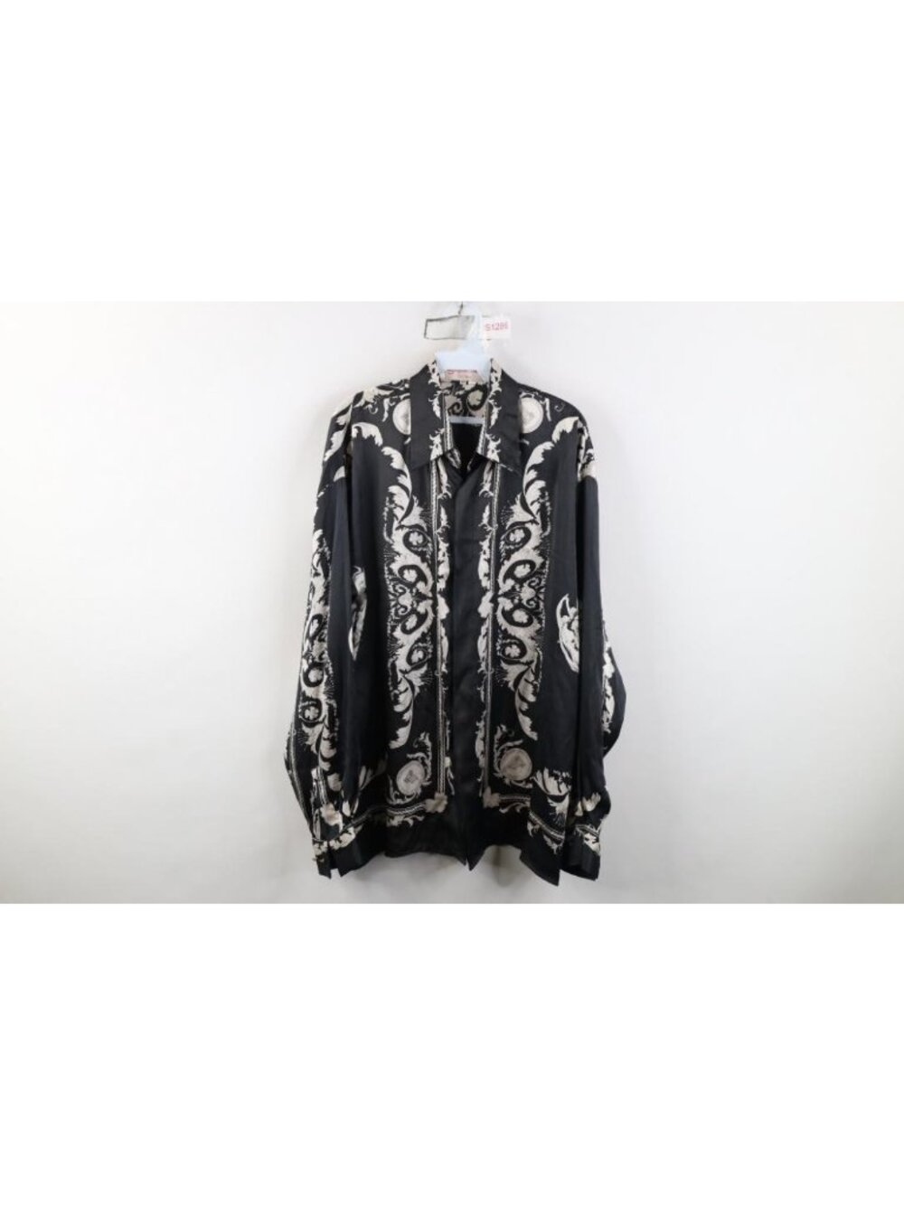 Vtg 90s Silk Flower Greek God Collared Button Shirt Mens Size M Black Streetwear